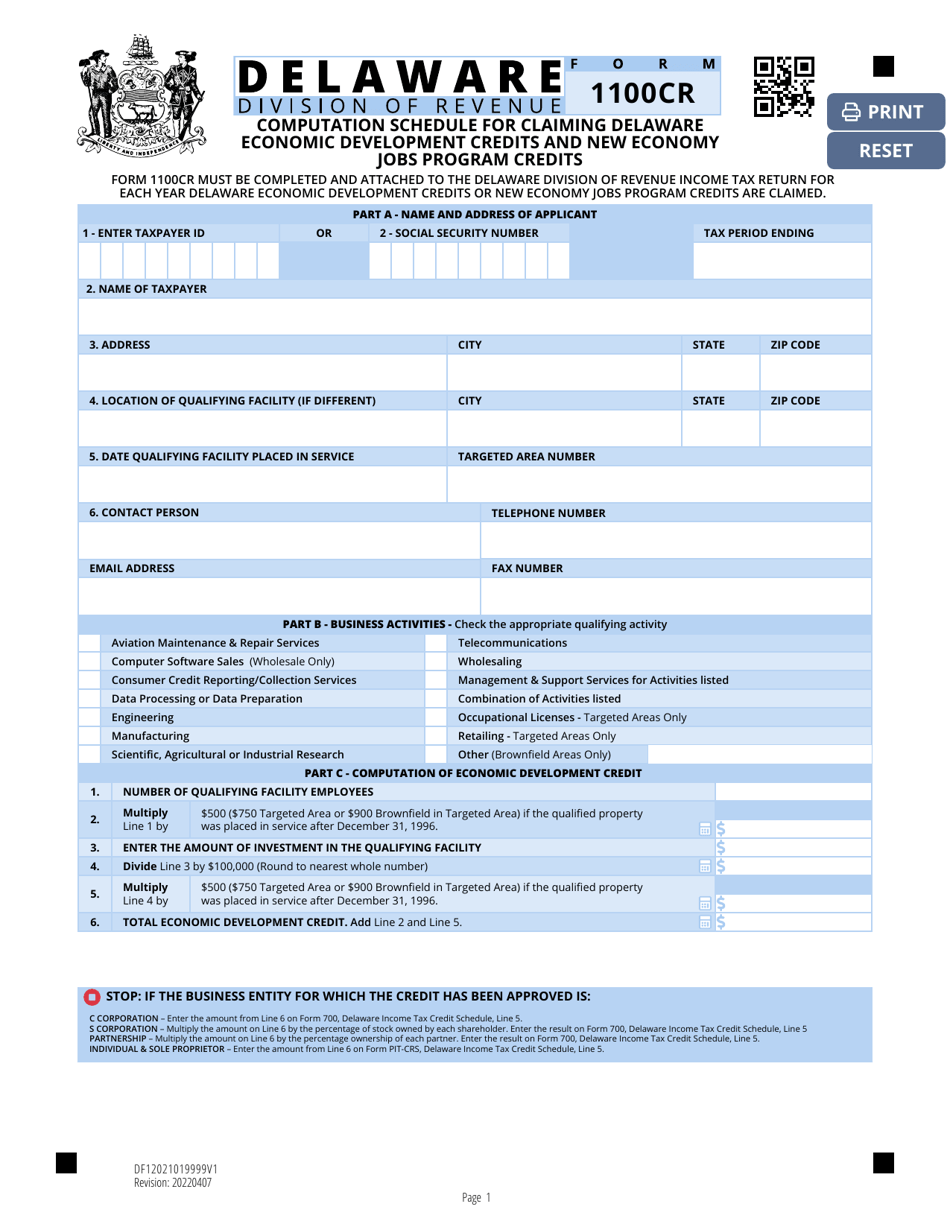 Form 1100CR Computation Schedule for Claiming Delaware Economic Development Credits and New Economy Jobs Program Credits - Delaware, Page 1
