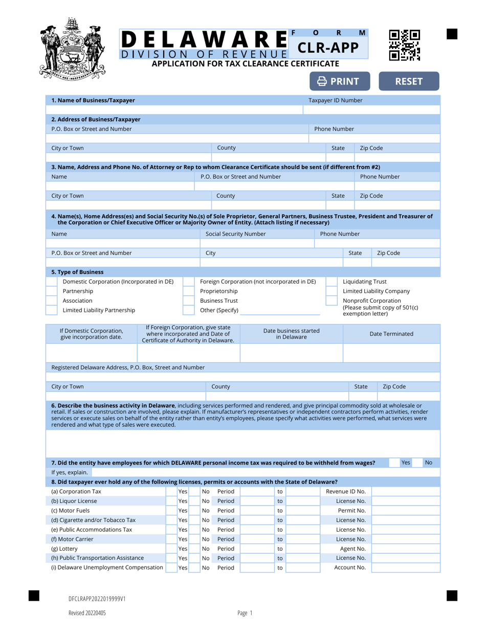 Form CLR-APP Application for Tax Clearance Certificate - Delaware, Page 1