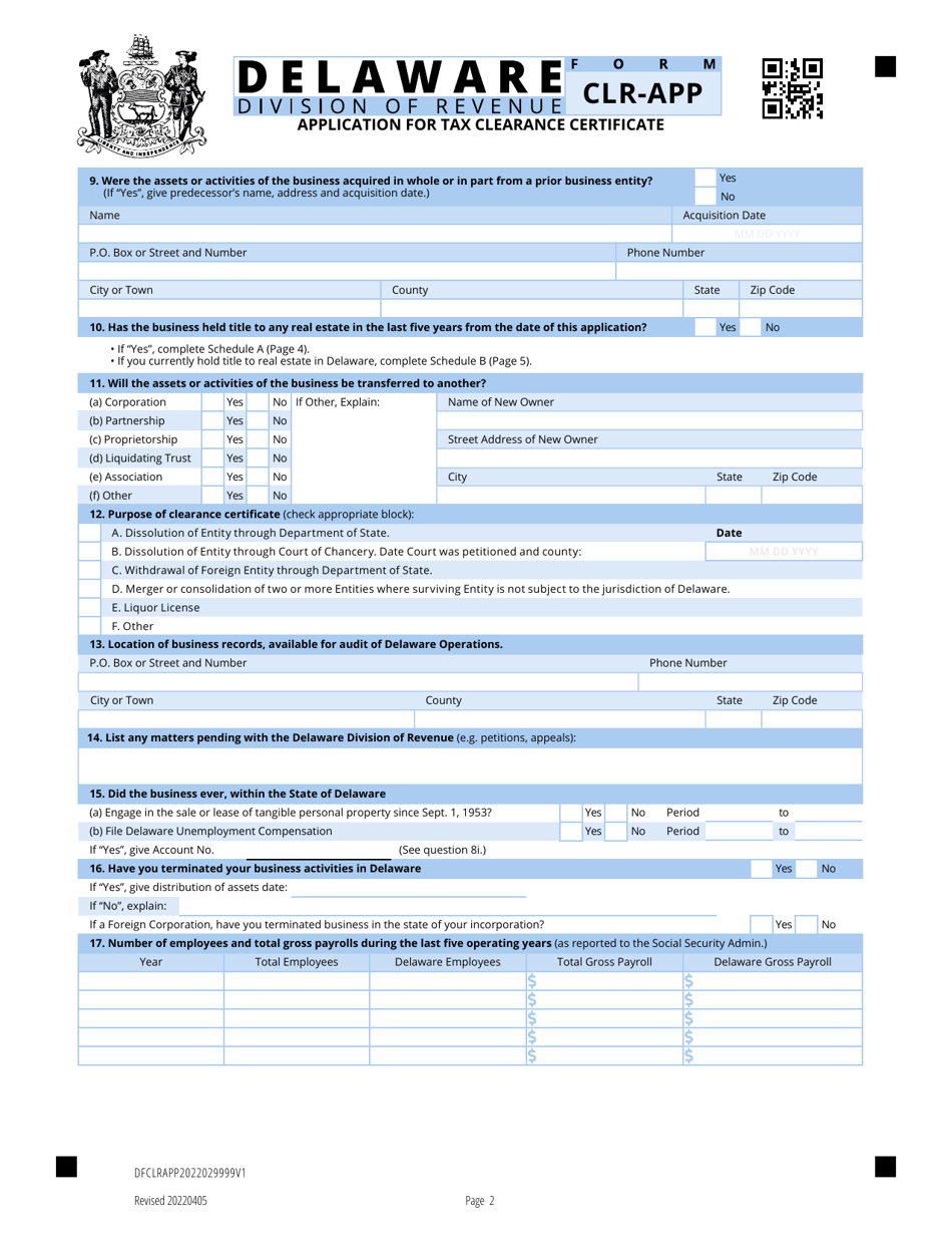 Form CLR-APP Application for Tax Clearance Certificate - Delaware, Page 2