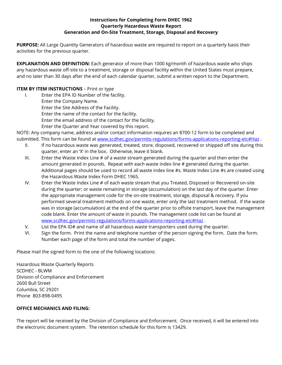DHEC Form 1962 Quarterly Hazardous Waste Report - Generation and on-Site Treatment, Storage, Disposal, and Recovery - South Carolina, Page 2