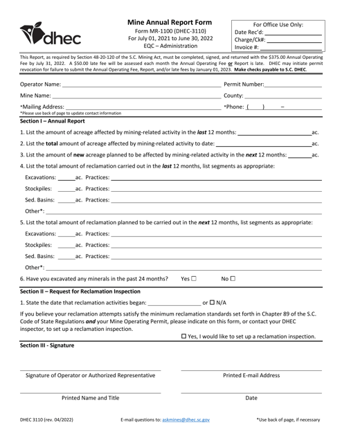 DHEC Form 3310 (MR-1100) Mine Annual Report Form - South Carolina