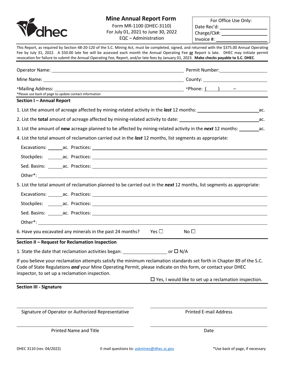DHEC Form 3310 (MR-1100) Mine Annual Report Form - South Carolina, Page 1