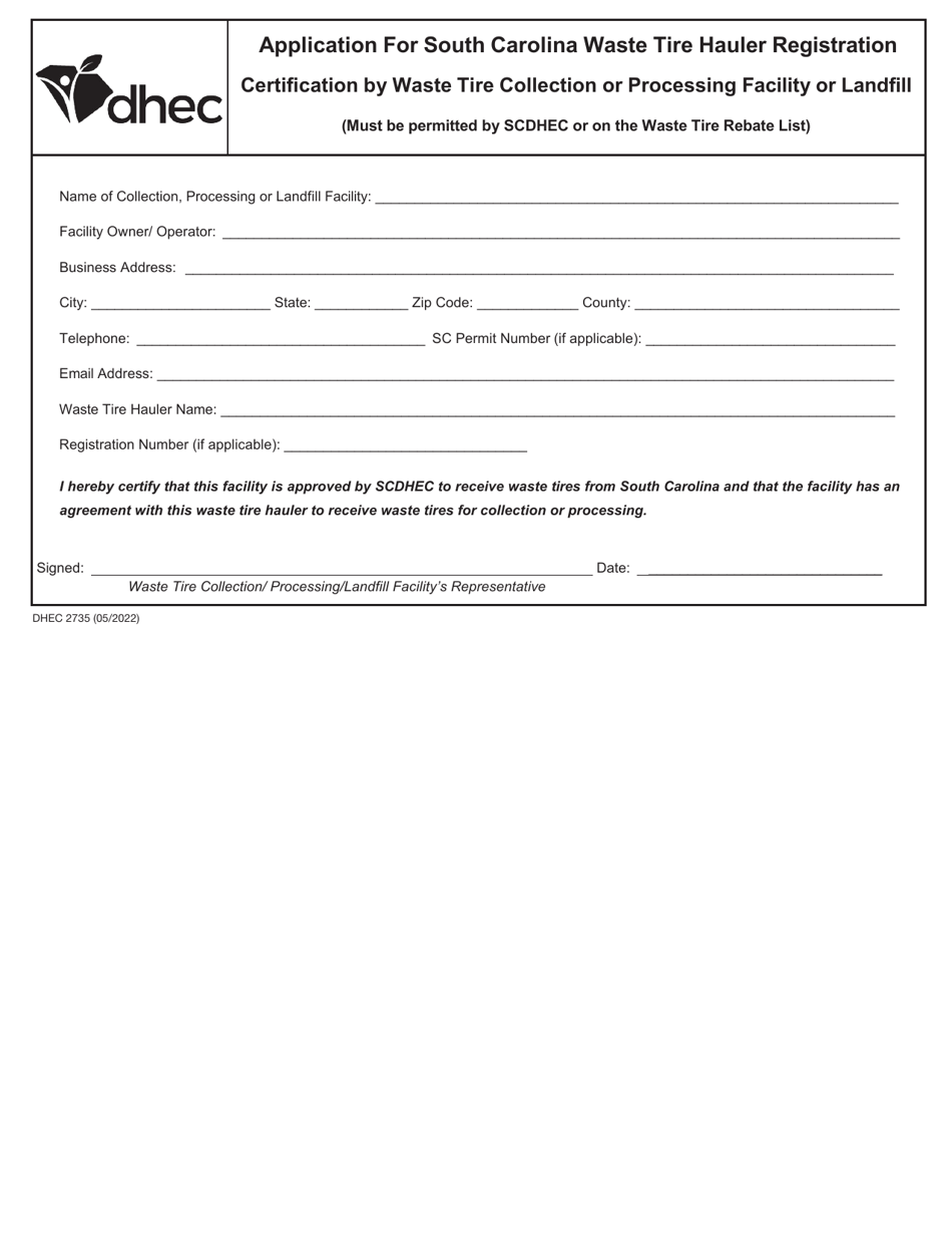 DHEC Form 2735 Application for South Carolina Waste Tire Hauler Registration - South Carolina, Page 1