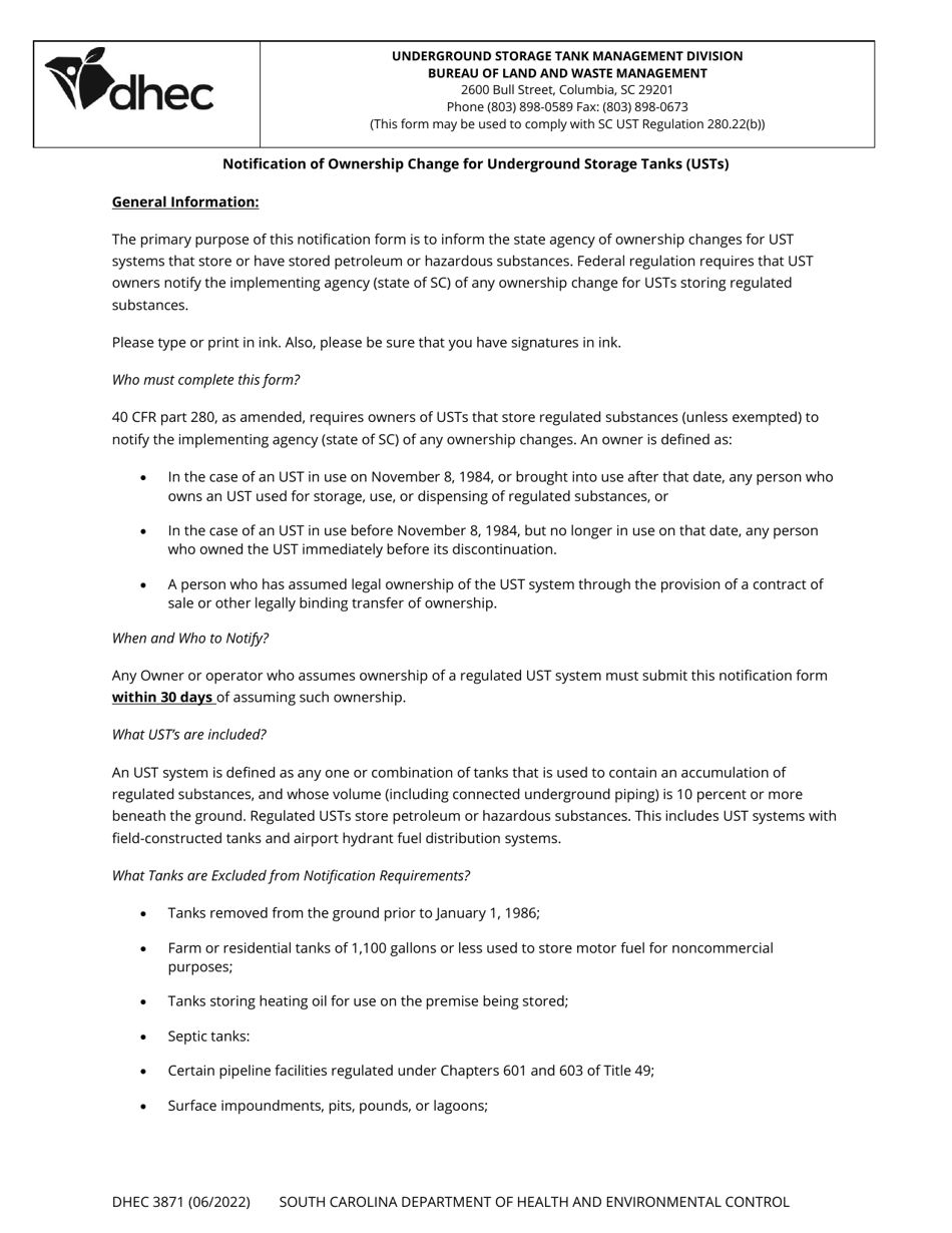 DHEC Form 3871 Notification of Ownership Change for Underground Storage Tanks - South Carolina, Page 2