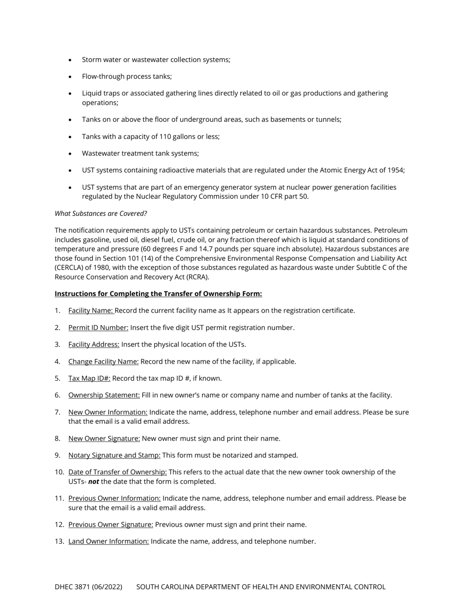 DHEC Form 3871 Notification of Ownership Change for Underground Storage Tanks - South Carolina, Page 3