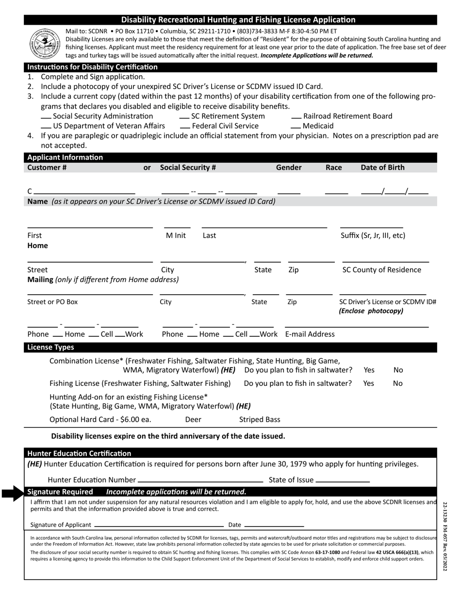 Form 22-13230 (FM-057) Disability Recreational Hunting and Fishing License Application - South Carolina, Page 1