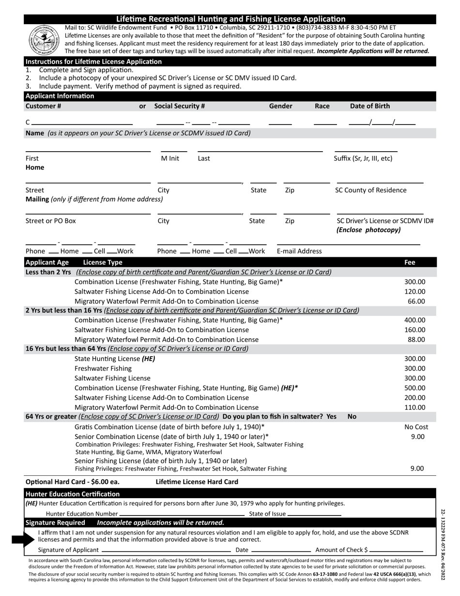 Form 22-132229 (FM-075) Lifetime Recreational Hunting and Fishing License Application - South Carolina, Page 1