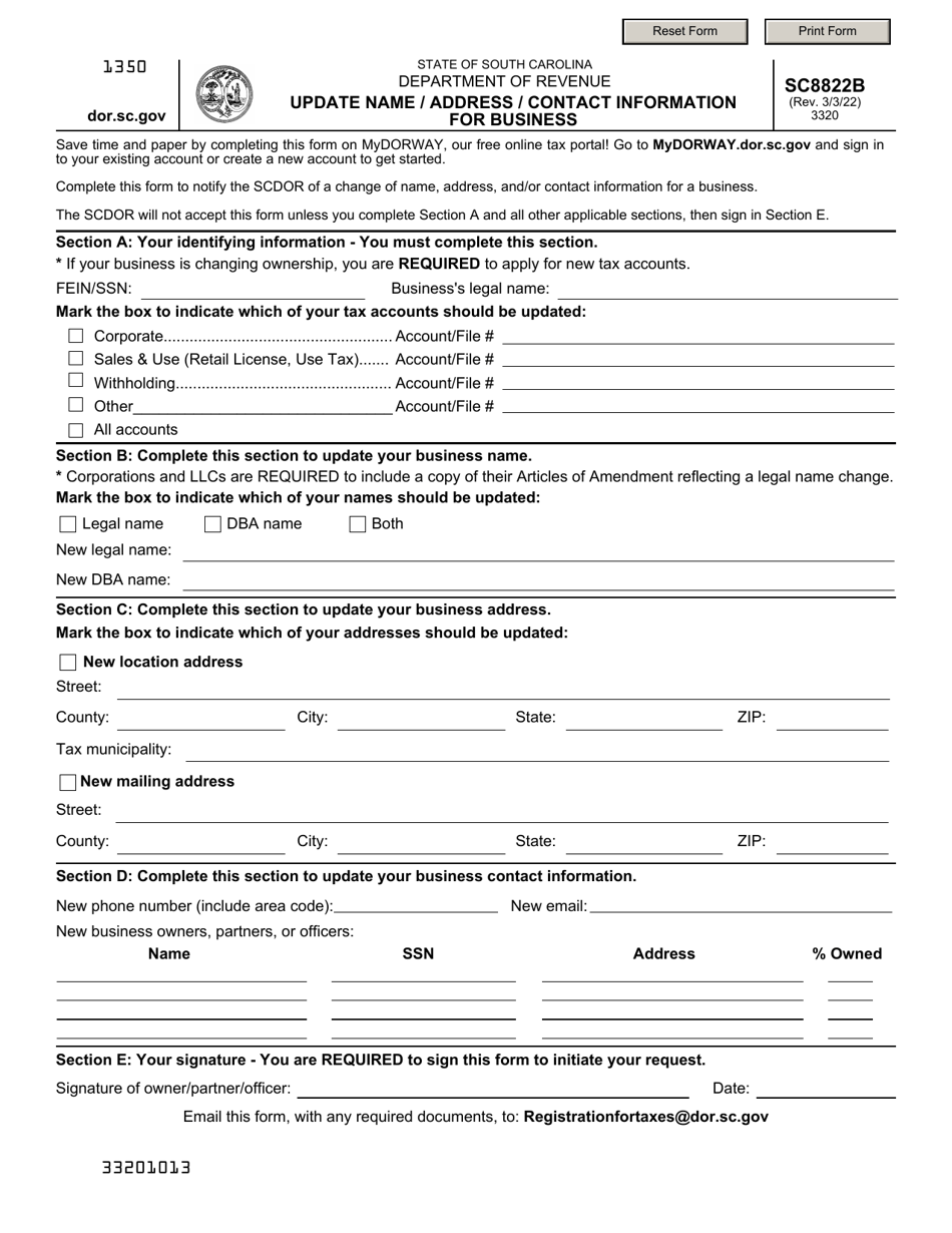 Form SC8822B Update Name / Address / Contact Information for Business - South Carolina, Page 1