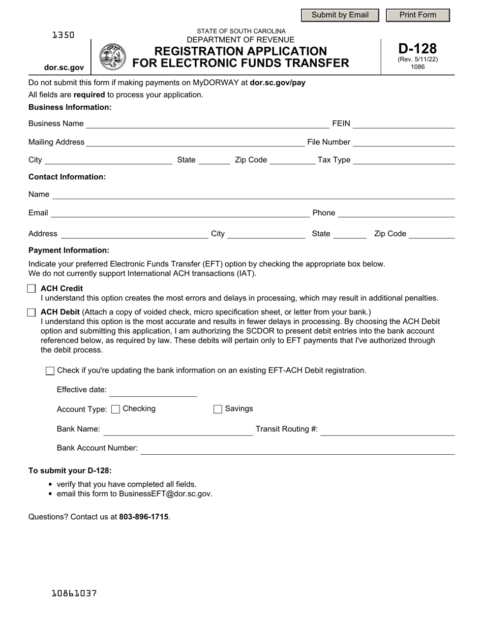Form D-128 Registration Application for Electronic Funds Transfer - South Carolina, Page 1