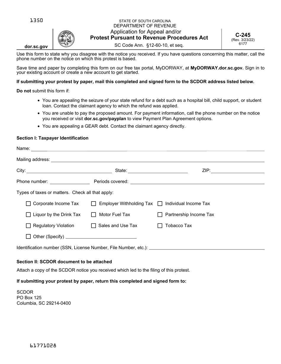 Form C-245 Application for Appeal and / or Protest Pursuant to Revenue Procedures Act - South Carolina, Page 1