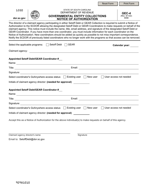 Form GEC-4 Governmental Entity Collections Notice of Authorization - South Carolina