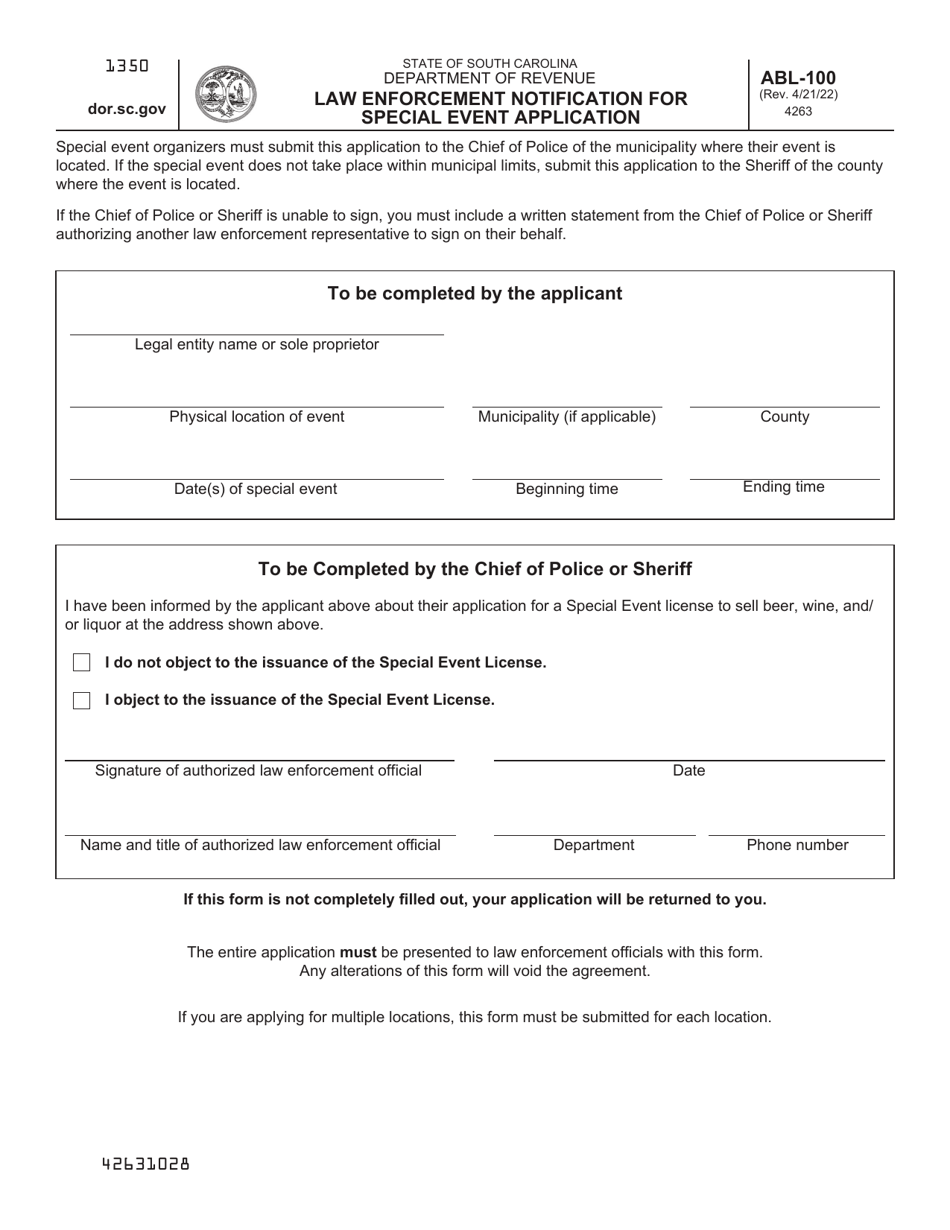 Form ABL-100 Law Enforcement Notification for Special Event Application - South Carolina, Page 1