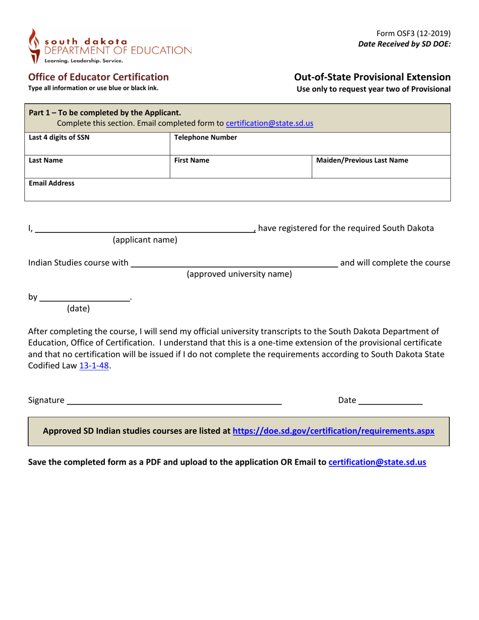 Form OSF3 Out-of-State Provisional Extension - South Dakota, Page 1