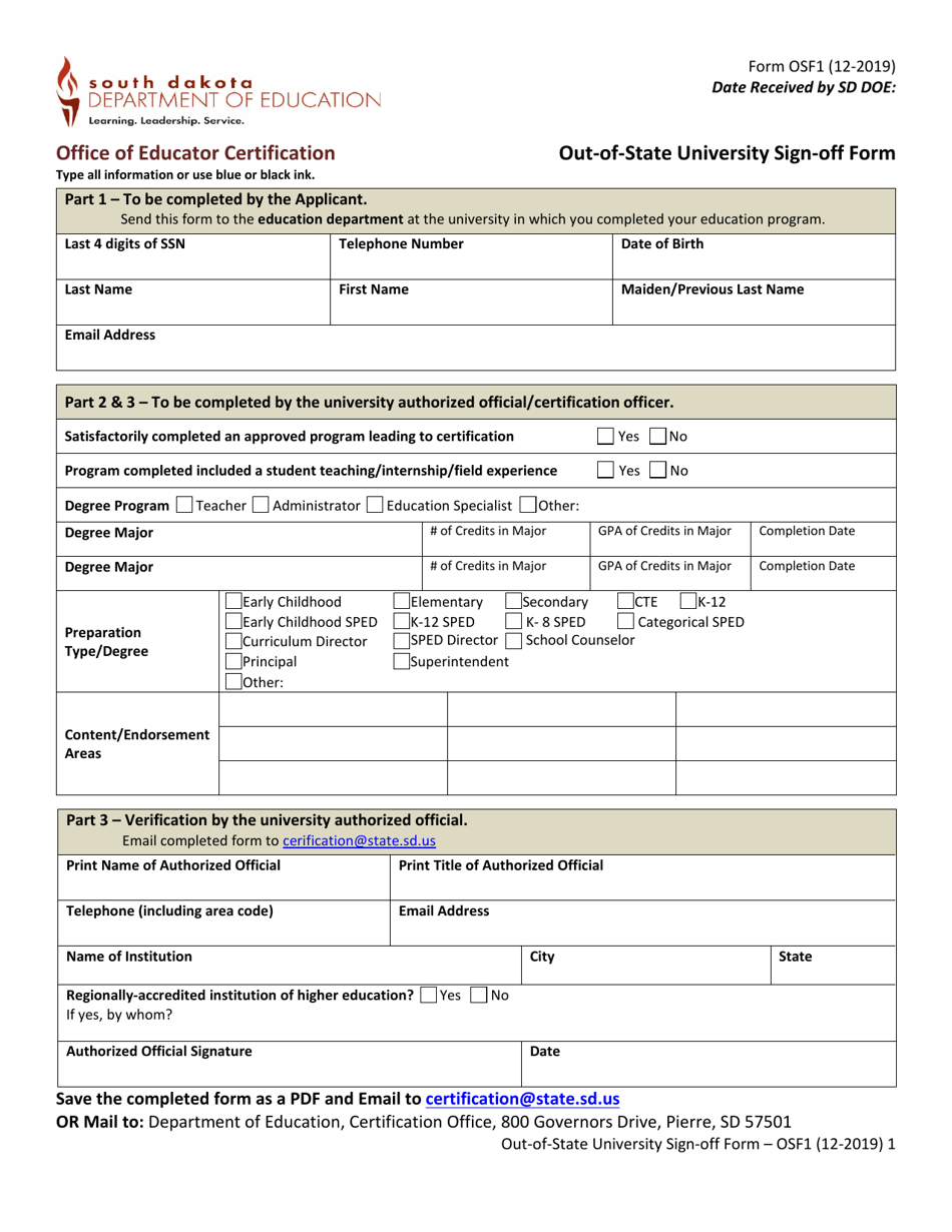 Form OSF1 Out-of-State University Sign-Off Form - South Dakota, Page 1