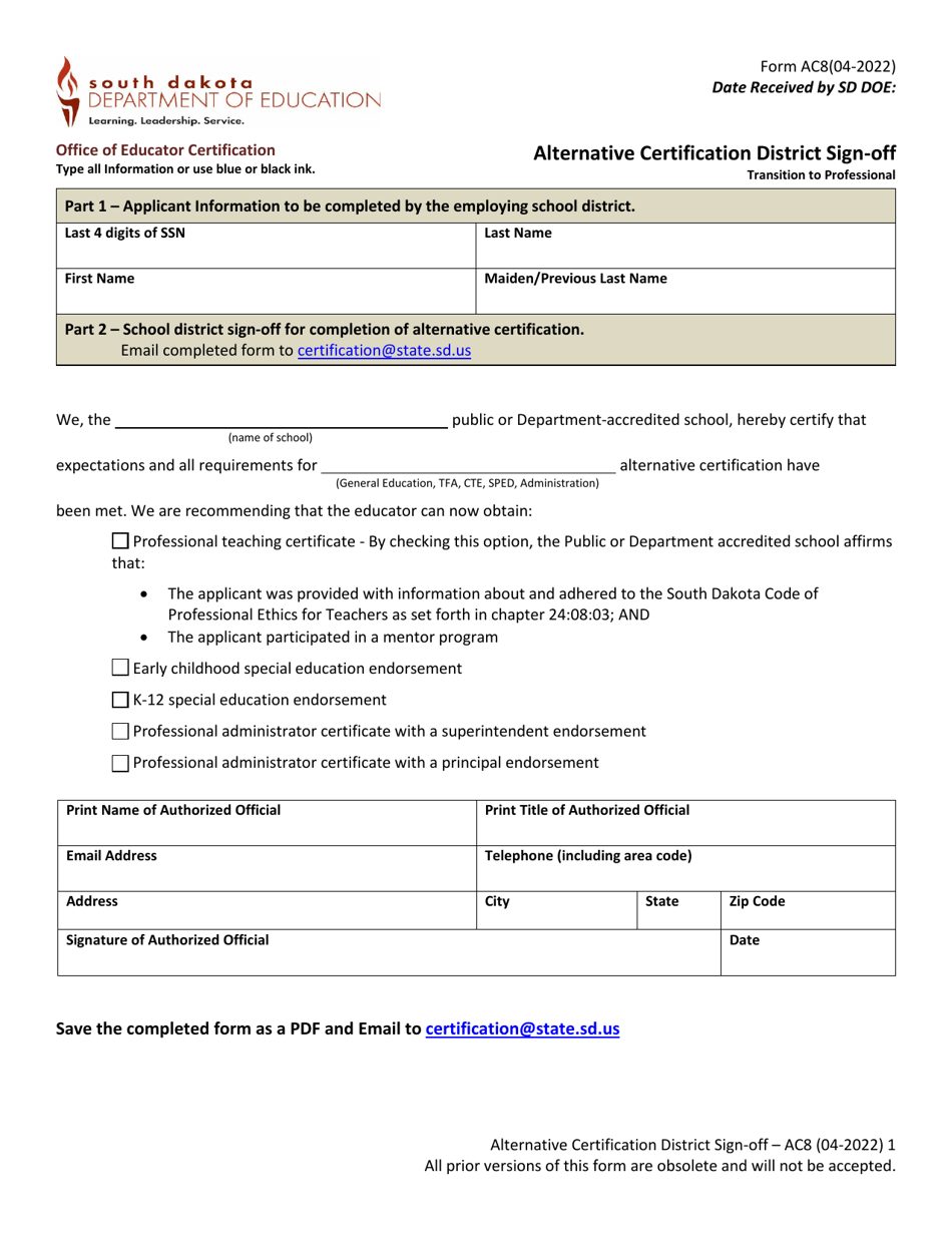 Form AC8 Alternative Certification District Sign-Off - South Dakota, Page 1