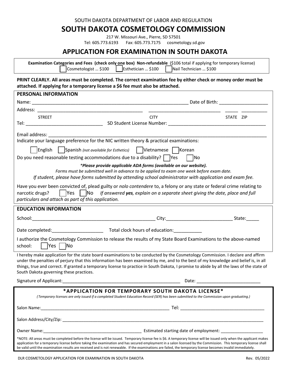 South Dakota Application for Examination in South Dakota Download ...