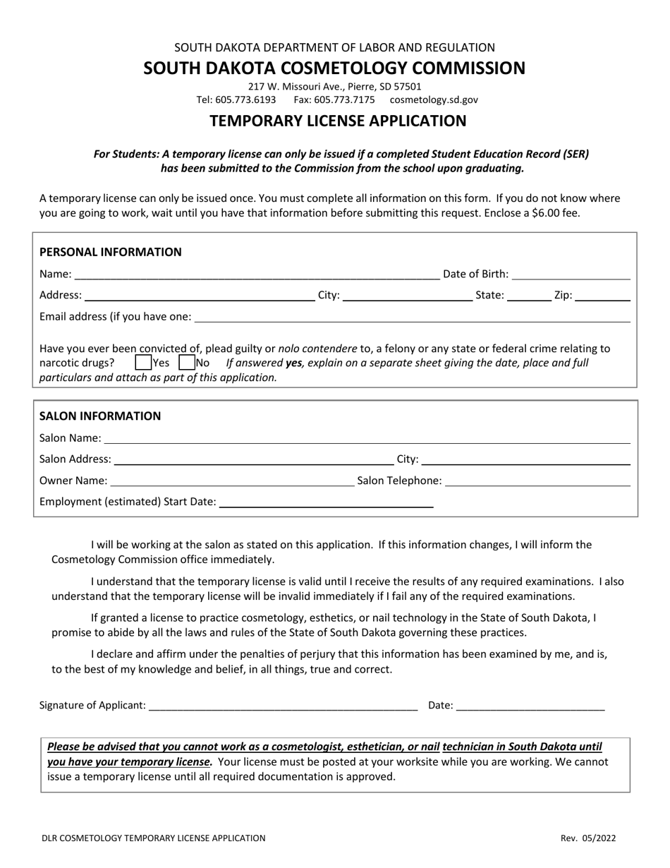 Temporary License Application - South Dakota, Page 1