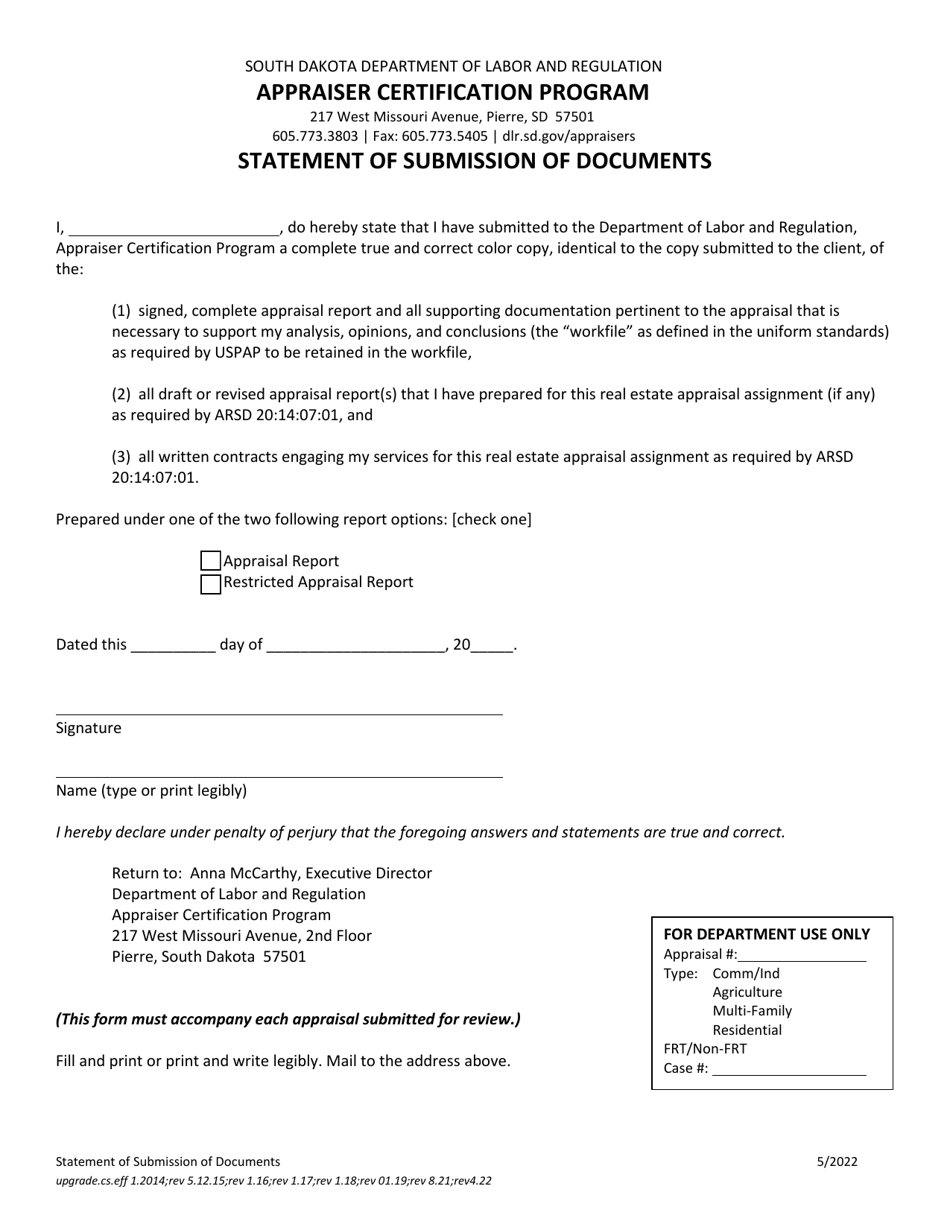 Statement of Submission of Documents - South Dakota, Page 1