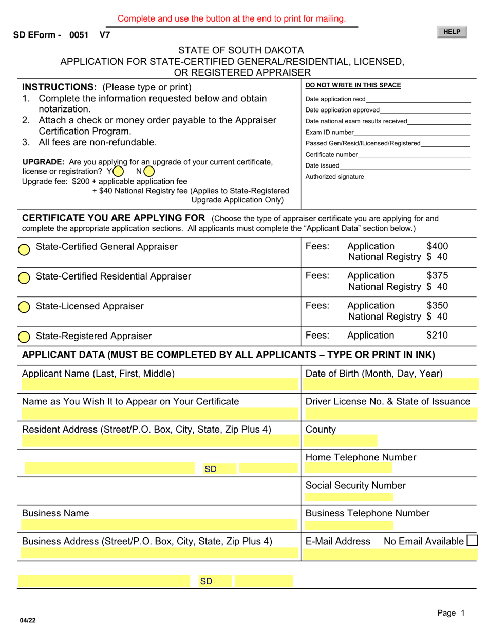 SD Form 0051 Application for State-Certified General / Residential, Licensed, or Registered Appraiser - South Dakota, Page 1
