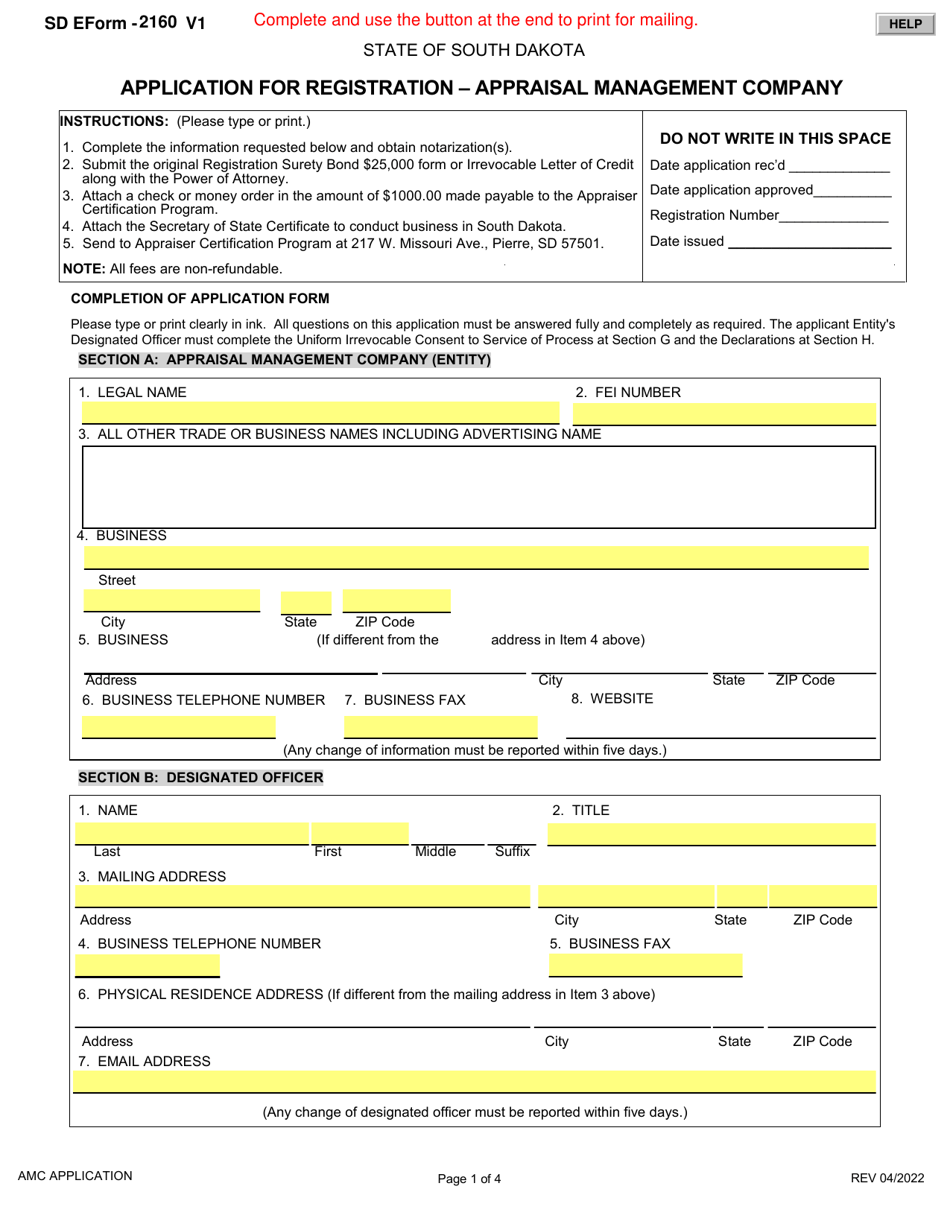 SD Form 2160 Application for Registration - Appraisal Management Company - South Dakota, Page 1