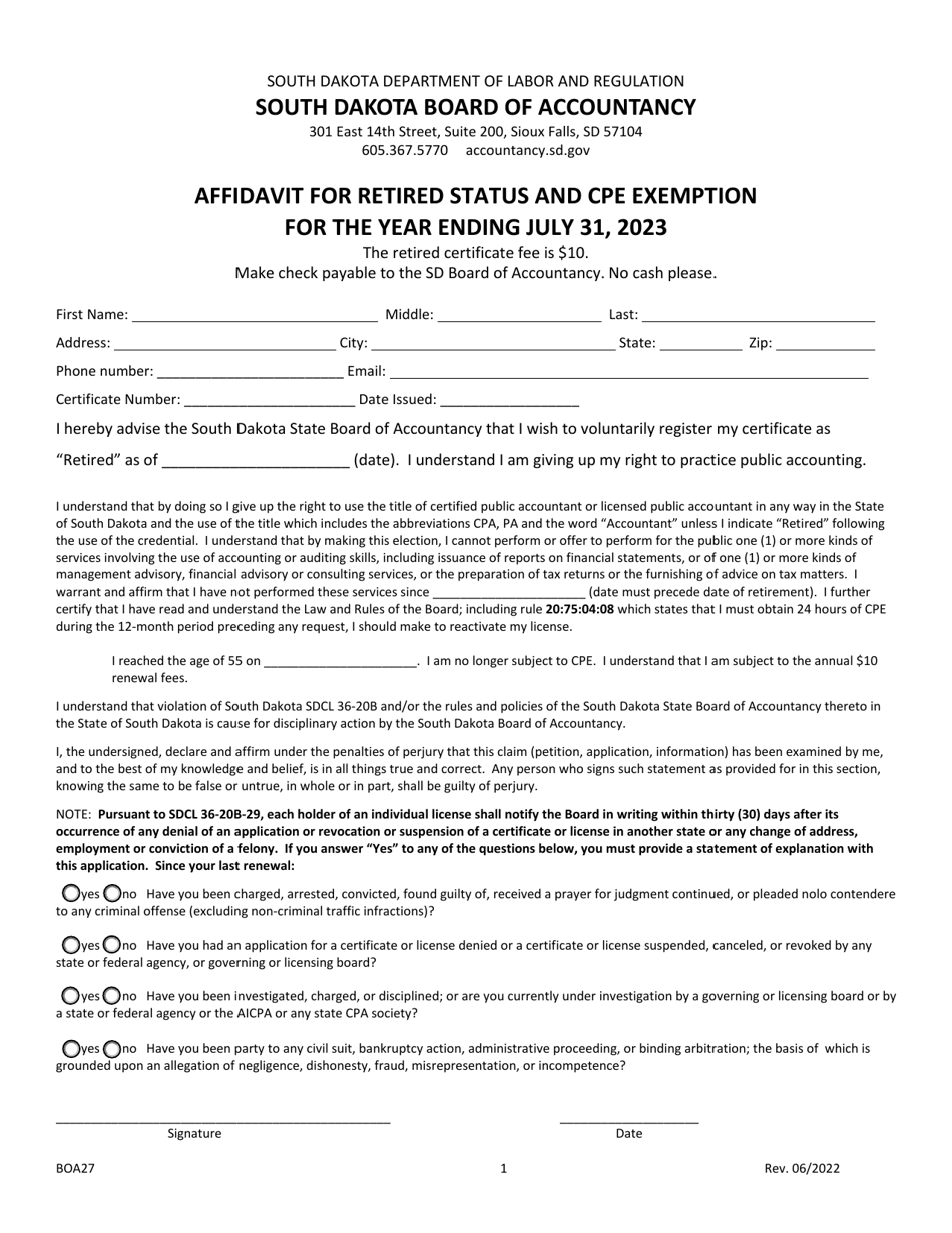 Form BOA27 Affidavit for Retired Status and Cpe Exemption - South Dakota, Page 1