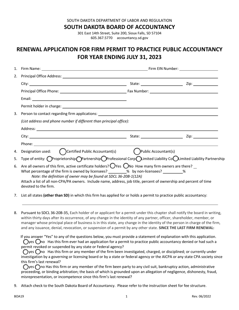 Form BOA19 Renewal Application for Firm Permit to Practice Public Accountancy - South Dakota, Page 1