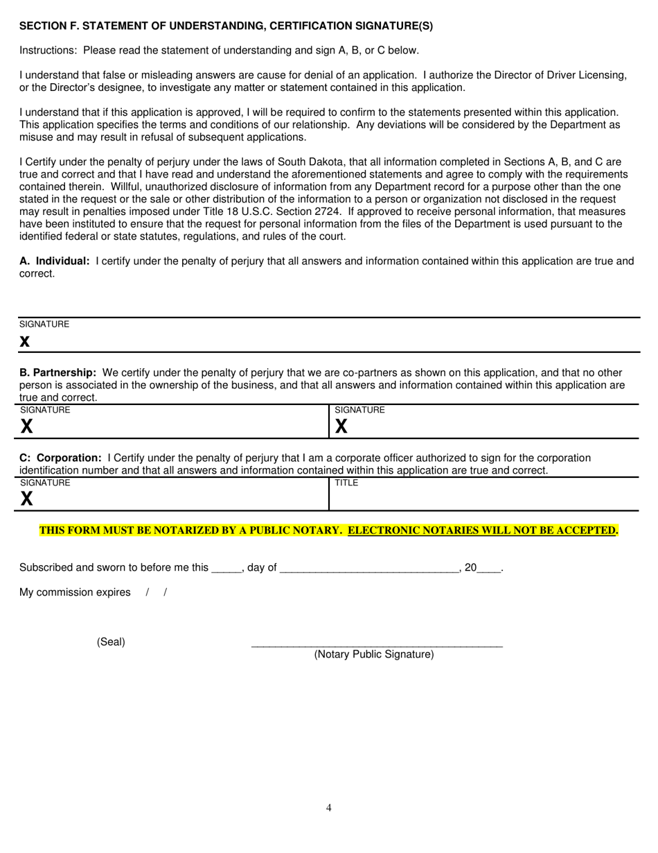 Request to Obtain South Dakota Abstract of Non-commercial Drivers License Record / Commercial Drivers License Record - South Dakota, Page 4