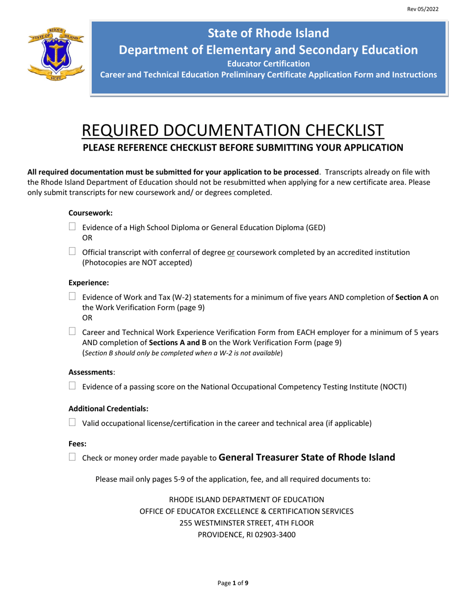 Career and Technical Education Preliminary Certificate Application Form - Rhode Island, Page 1