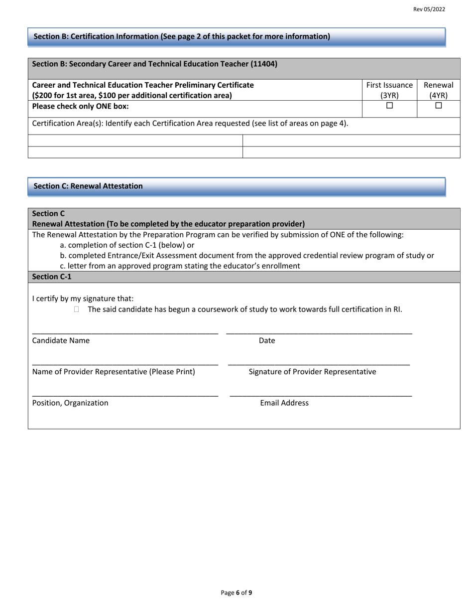 Career and Technical Education Preliminary Certificate Application Form - Rhode Island, Page 6