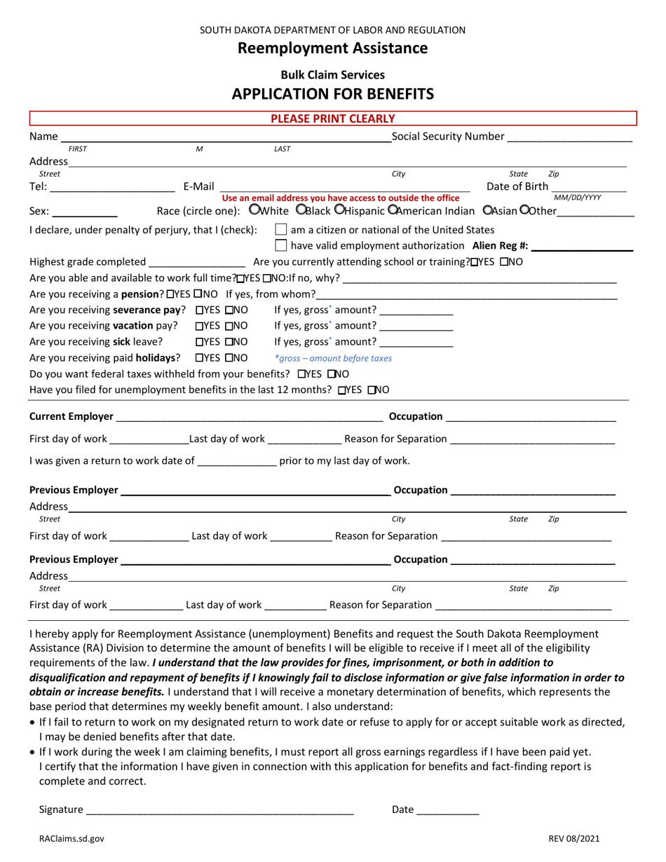 South Dakota Application for Benefits Bulk Claim Services Fill Out