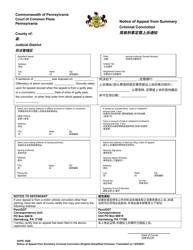 Document preview: Form AOPC2026 Notice of Appeal From Summary Criminal Conviction - Pennsylvania (English/Chinese Simplified)