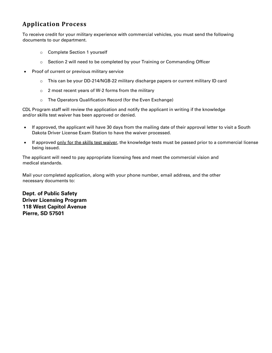 Application for Military Knowledge  Skills Test Waiver Even Exchange Program - South Dakota, Page 2