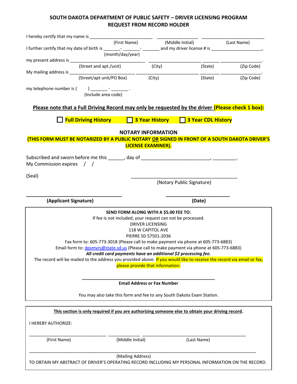 South Dakota Request From Record Holder Driver Licensing Program