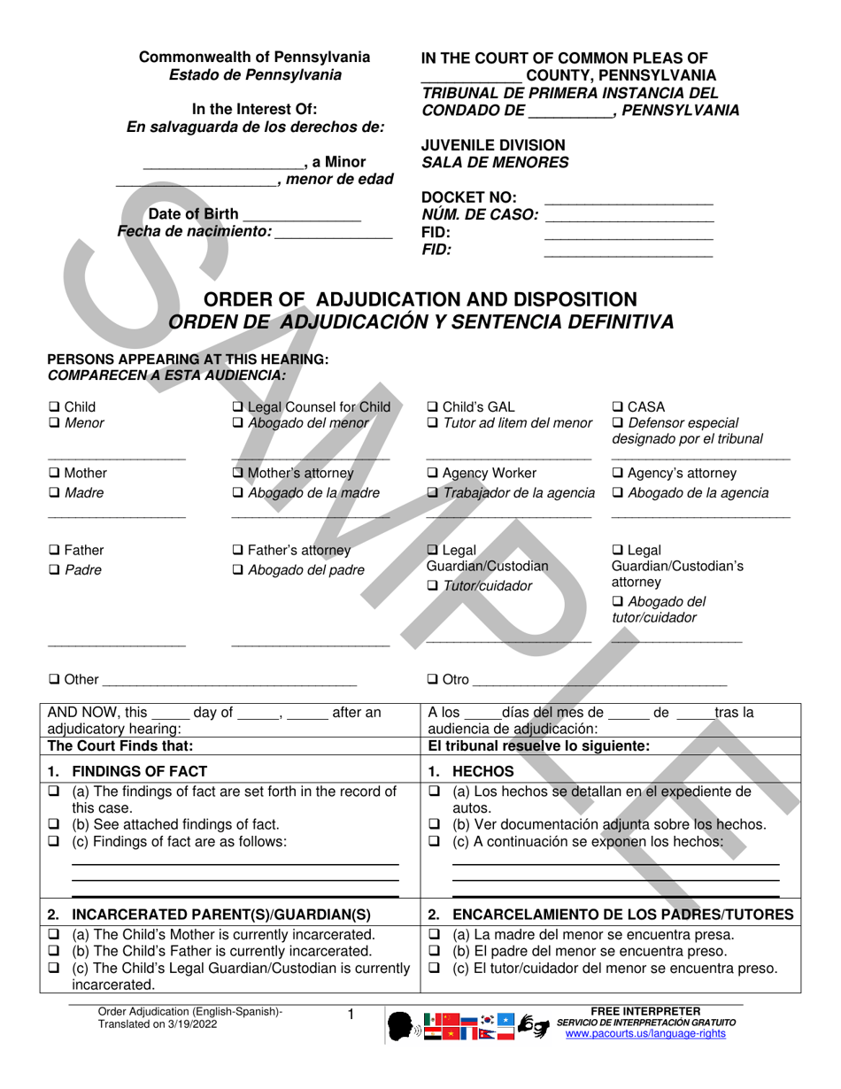 Order of Adjunction and Disposition - Sample - Pennsylvania (English / Spanish), Page 1