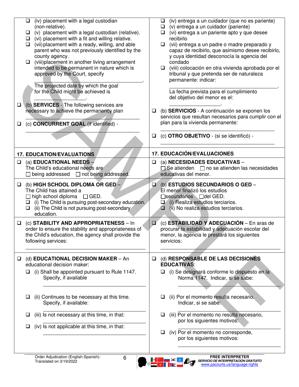 Order of Adjunction and Disposition - Sample - Pennsylvania (English / Spanish), Page 6