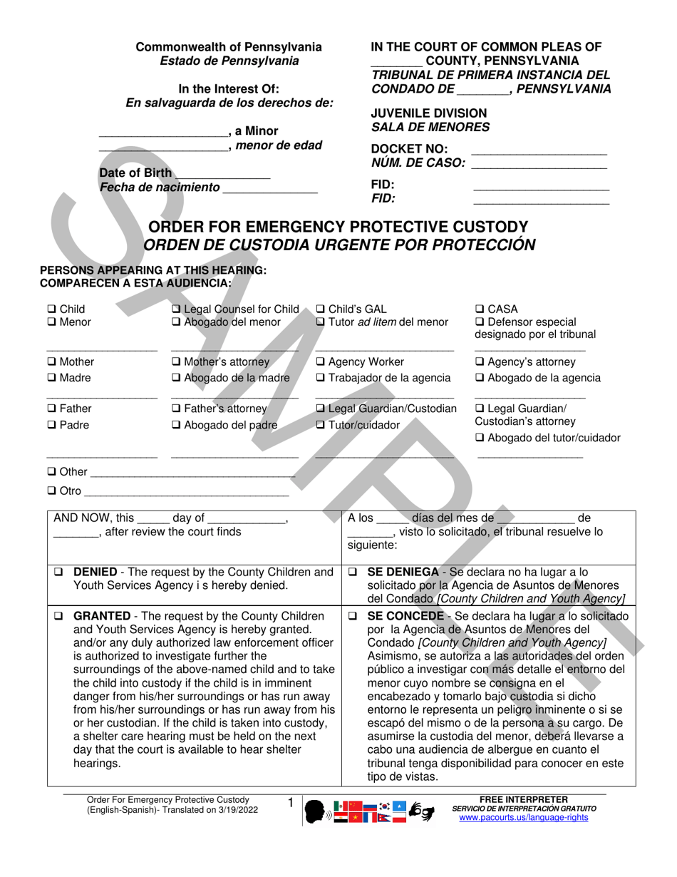 Pennsylvania Order for Emergency Protective Custody Sample (English