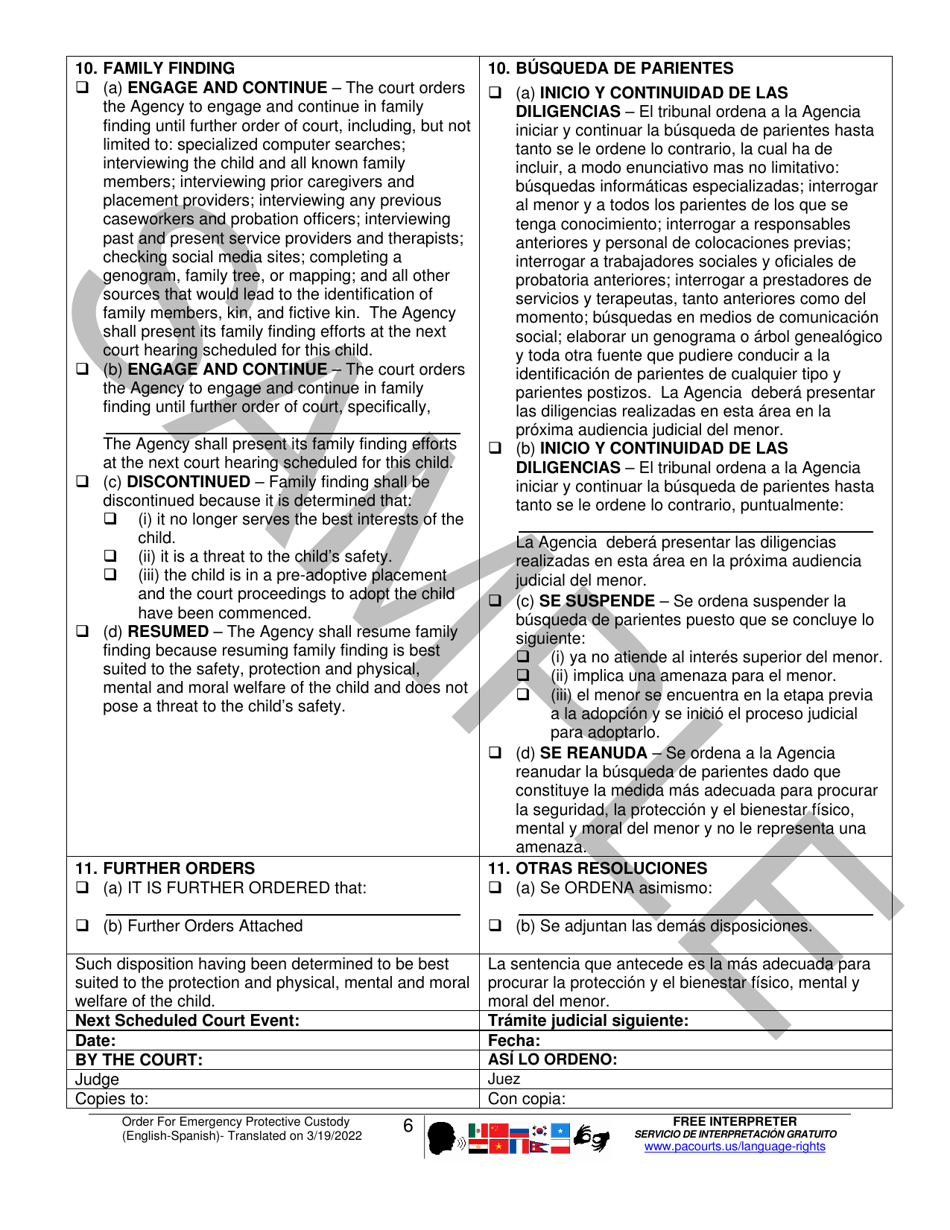 Order for Emergency Protective Custody - Sample - Pennsylvania (English / Spanish), Page 6