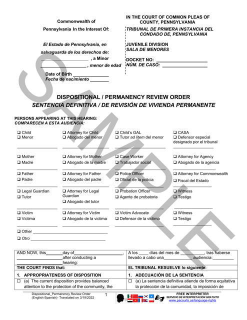 Dispositional / Permanency Review Order - Sample - Pennsylvania (English / Spanish) Download Pdf