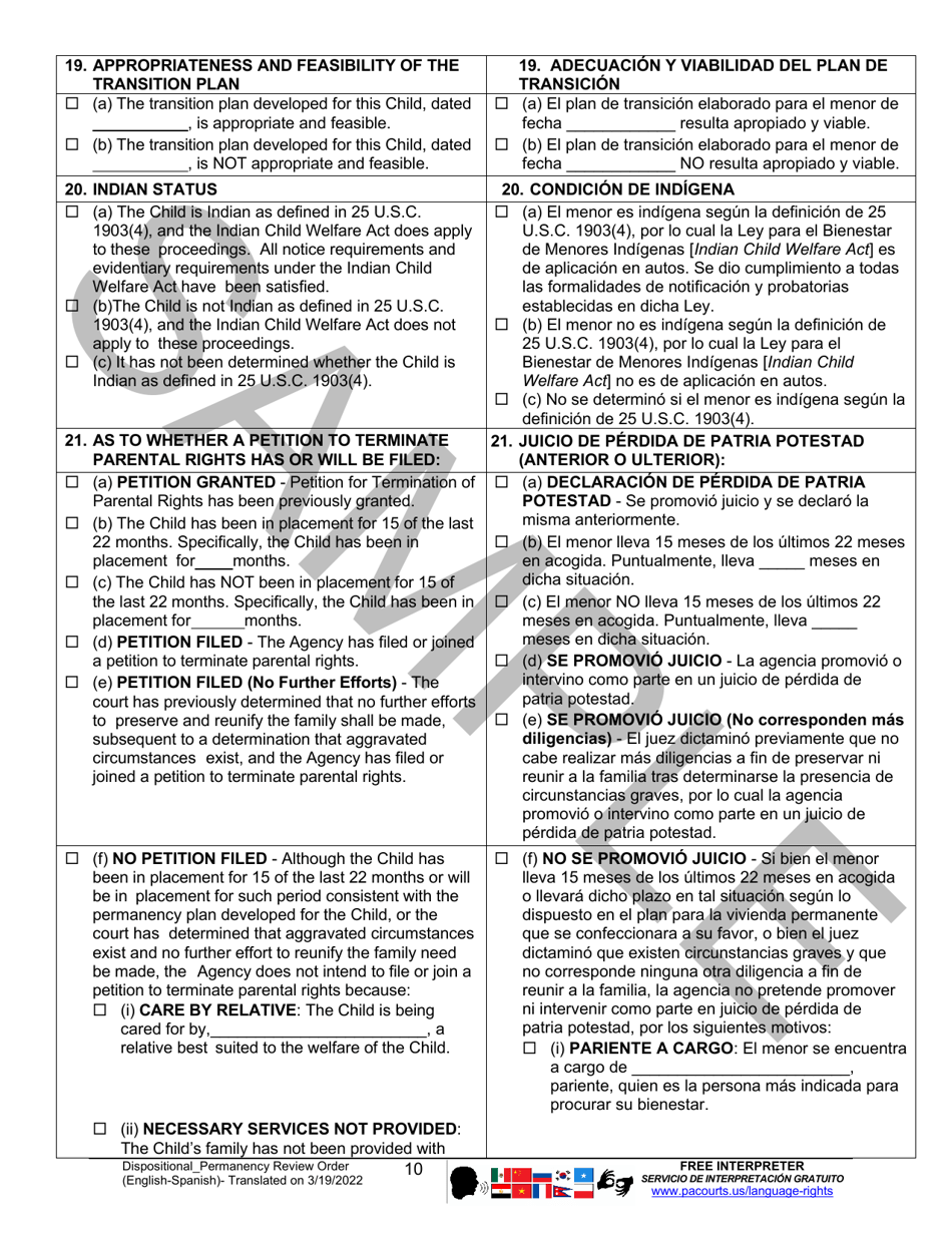 Dispositional / Permanency Review Order - Sample - Pennsylvania (English / Spanish), Page 10