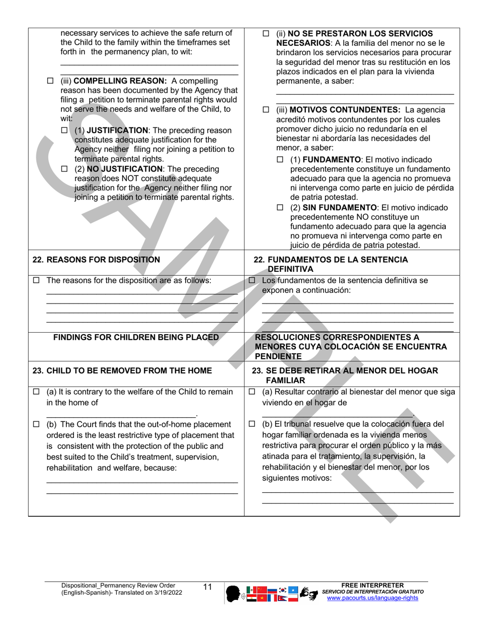 Dispositional / Permanency Review Order - Sample - Pennsylvania (English / Spanish), Page 11
