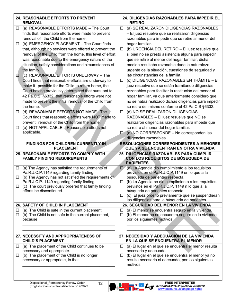 Dispositional / Permanency Review Order - Sample - Pennsylvania (English / Spanish), Page 12