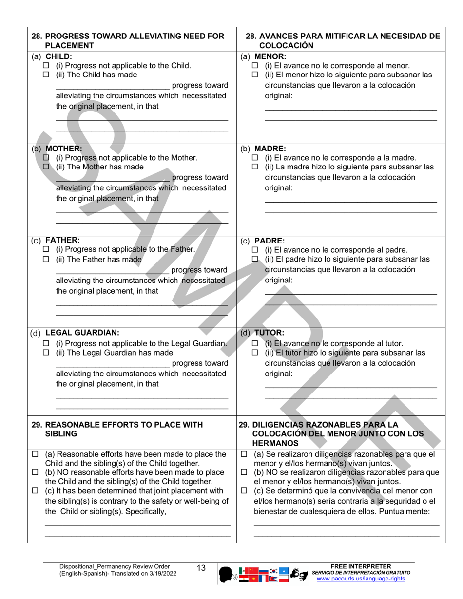 Dispositional / Permanency Review Order - Sample - Pennsylvania (English / Spanish), Page 13