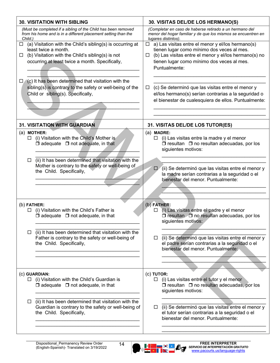 Dispositional / Permanency Review Order - Sample - Pennsylvania (English / Spanish), Page 14