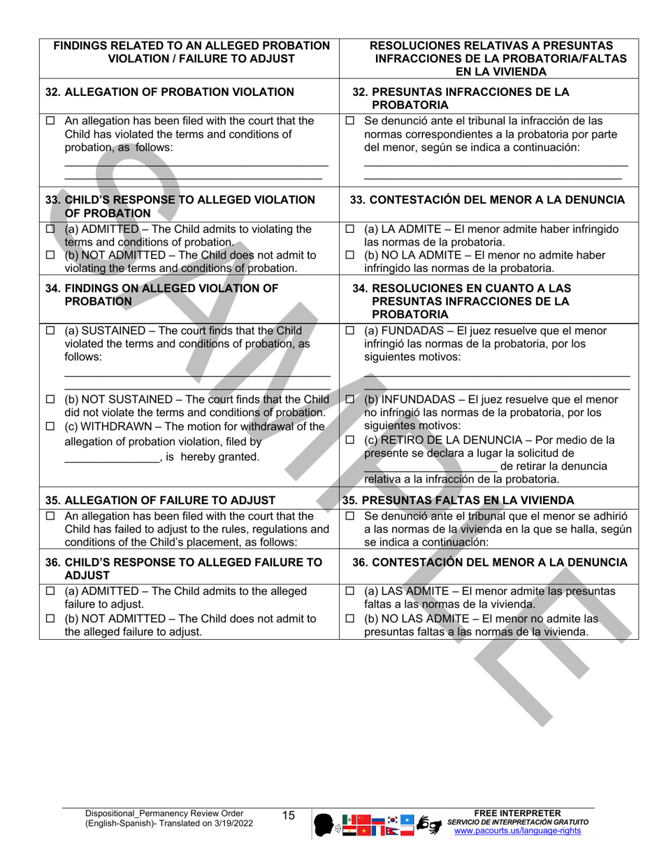 Dispositional / Permanency Review Order - Sample - Pennsylvania (English / Spanish), Page 15