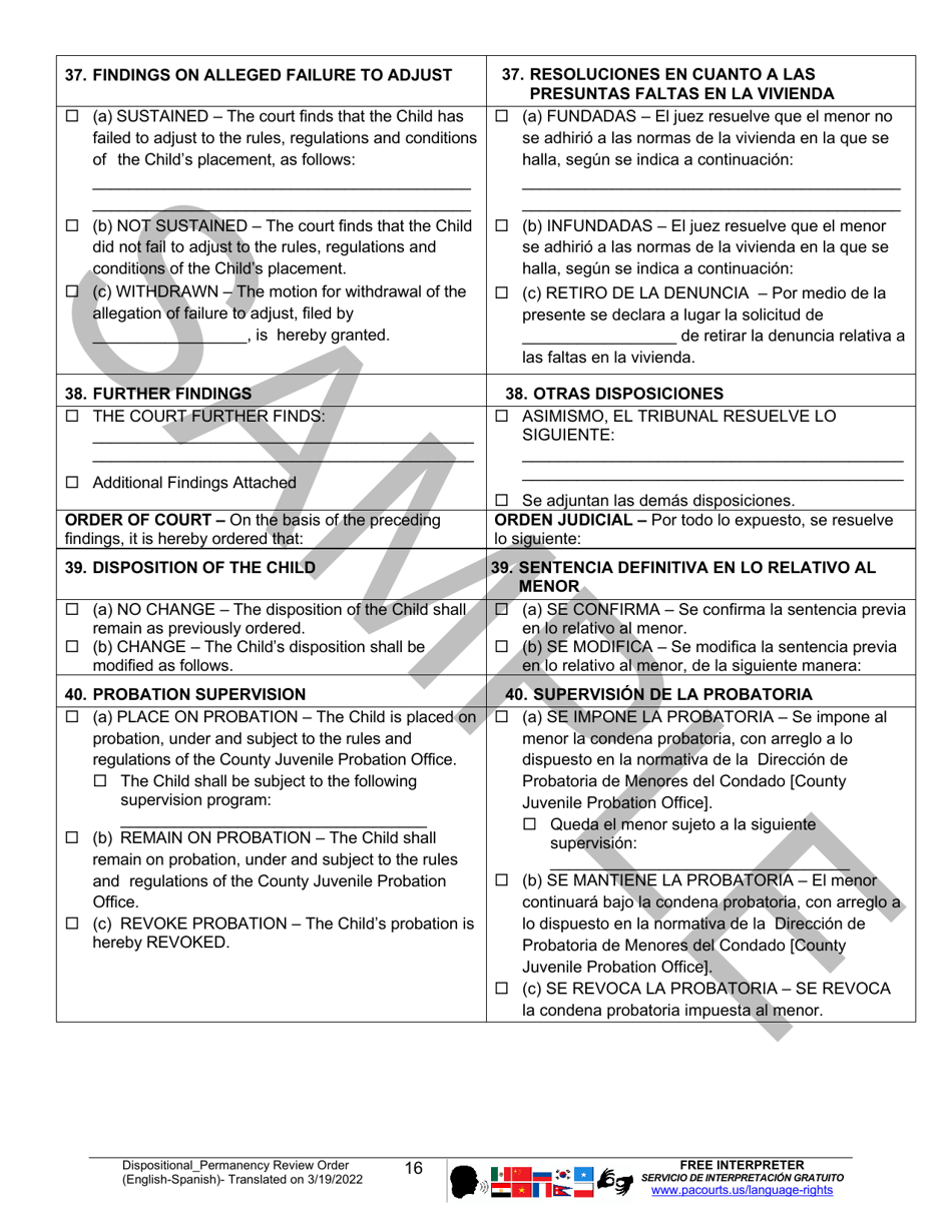 Dispositional / Permanency Review Order - Sample - Pennsylvania (English / Spanish), Page 16