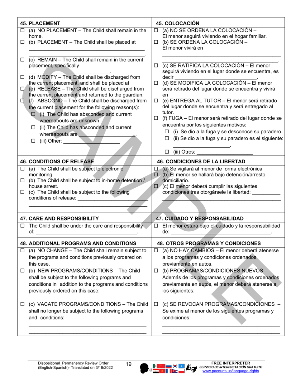 Dispositional / Permanency Review Order - Sample - Pennsylvania (English / Spanish), Page 19