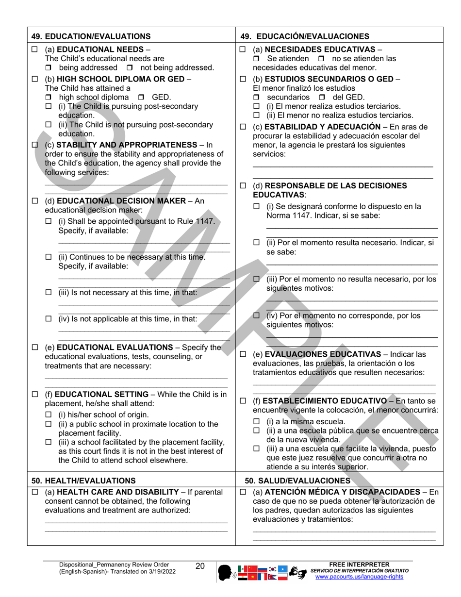 Dispositional / Permanency Review Order - Sample - Pennsylvania (English / Spanish), Page 20