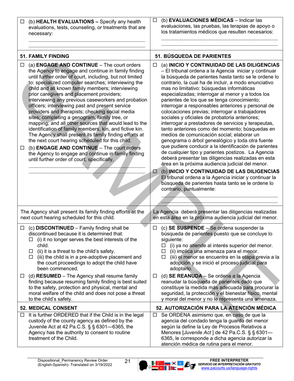 Dispositional / Permanency Review Order - Sample - Pennsylvania (English / Spanish), Page 21
