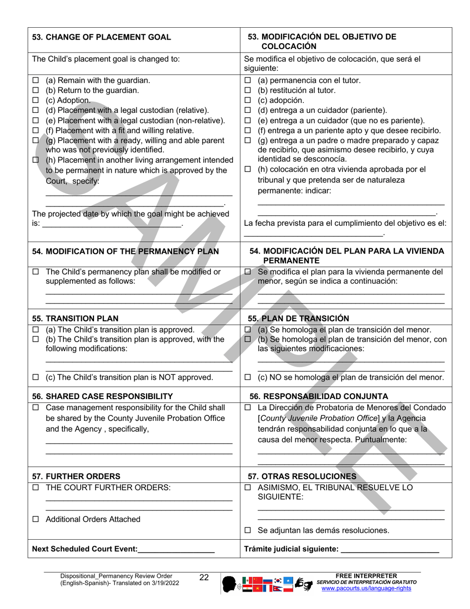 Dispositional / Permanency Review Order - Sample - Pennsylvania (English / Spanish), Page 22
