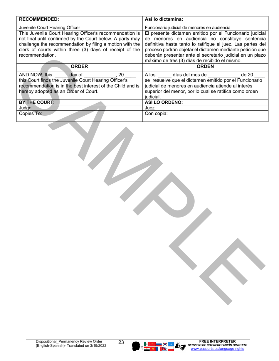 Dispositional / Permanency Review Order - Sample - Pennsylvania (English / Spanish), Page 23